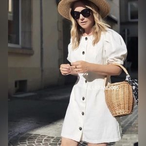 Zara Ecru Linen Puff Sleeve Short Dress NWT